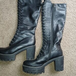 Black Lace-Up Knee-High Boots